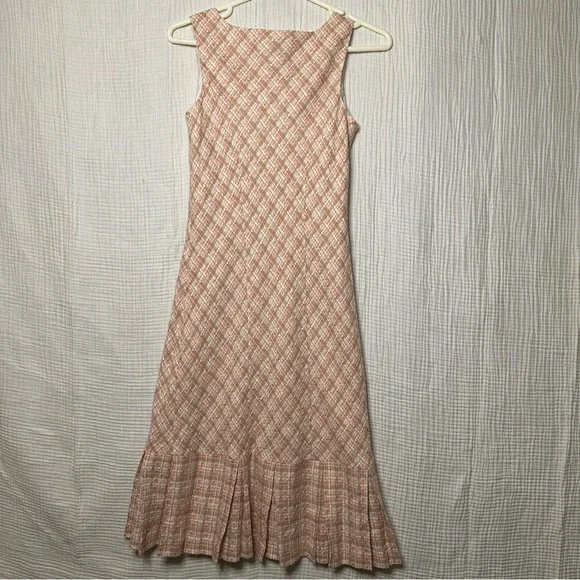 Pink Tweed Vintage Sleeveless Pleated Flounce Dress-4-Professional Prep Business - Picture 5 of 12